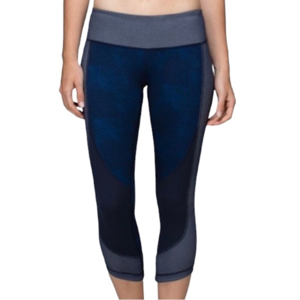 🍋Lululemon Wunder Under Leggings Cropped Sashiko Inkwell Denim Blue Panel sz 8